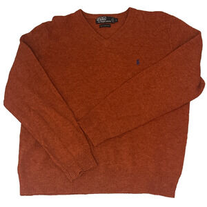 Polo Ralph Lauren 100% Lambswool V-Neck Mens Size L Burnt Orange Sweater
